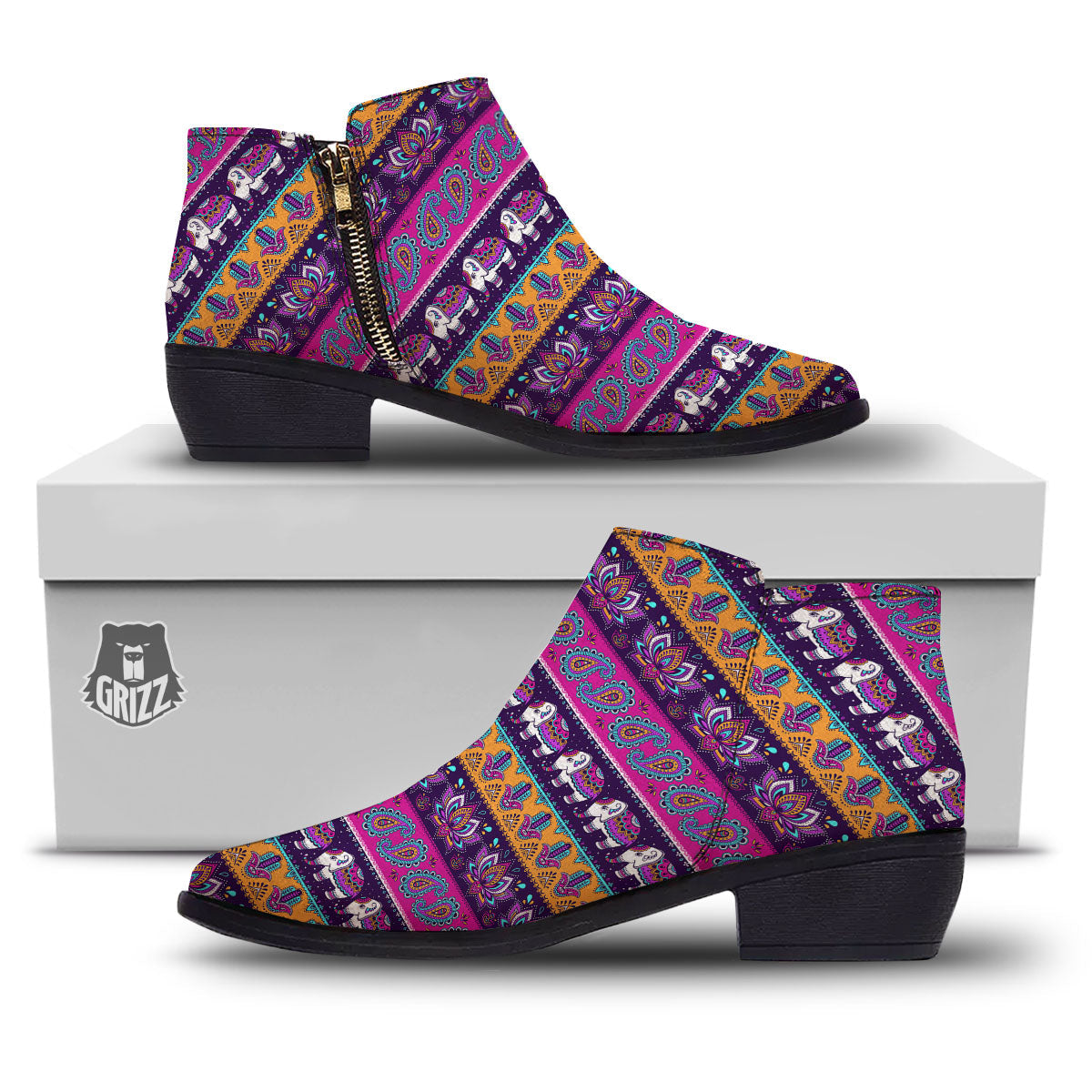 Paisley Elephant Hamsa Print Pattern Ankle Boots-grizzshop