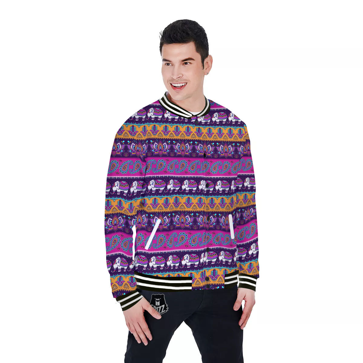 Paisley Elephant Hamsa Print Pattern Baseball Jacket-grizzshop