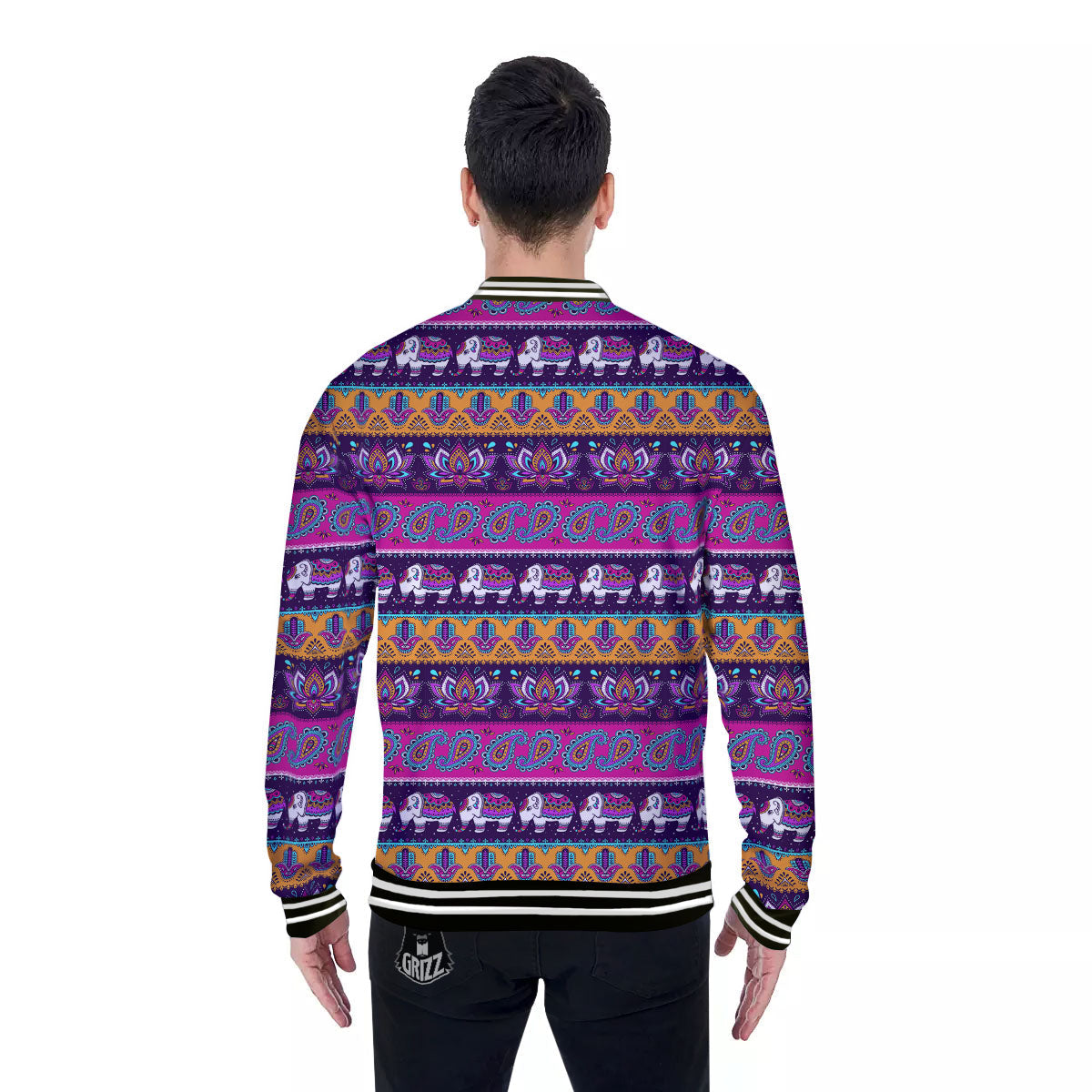 Paisley Elephant Hamsa Print Pattern Baseball Jacket-grizzshop