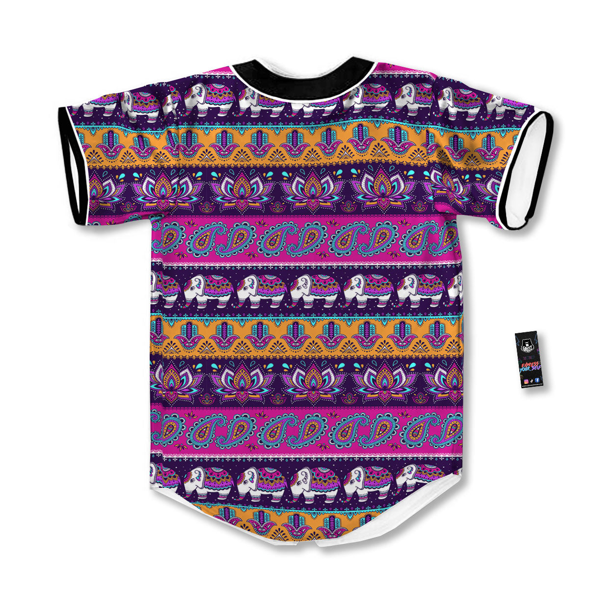 Paisley Elephant Hamsa Print Pattern Baseball Jersey-grizzshop