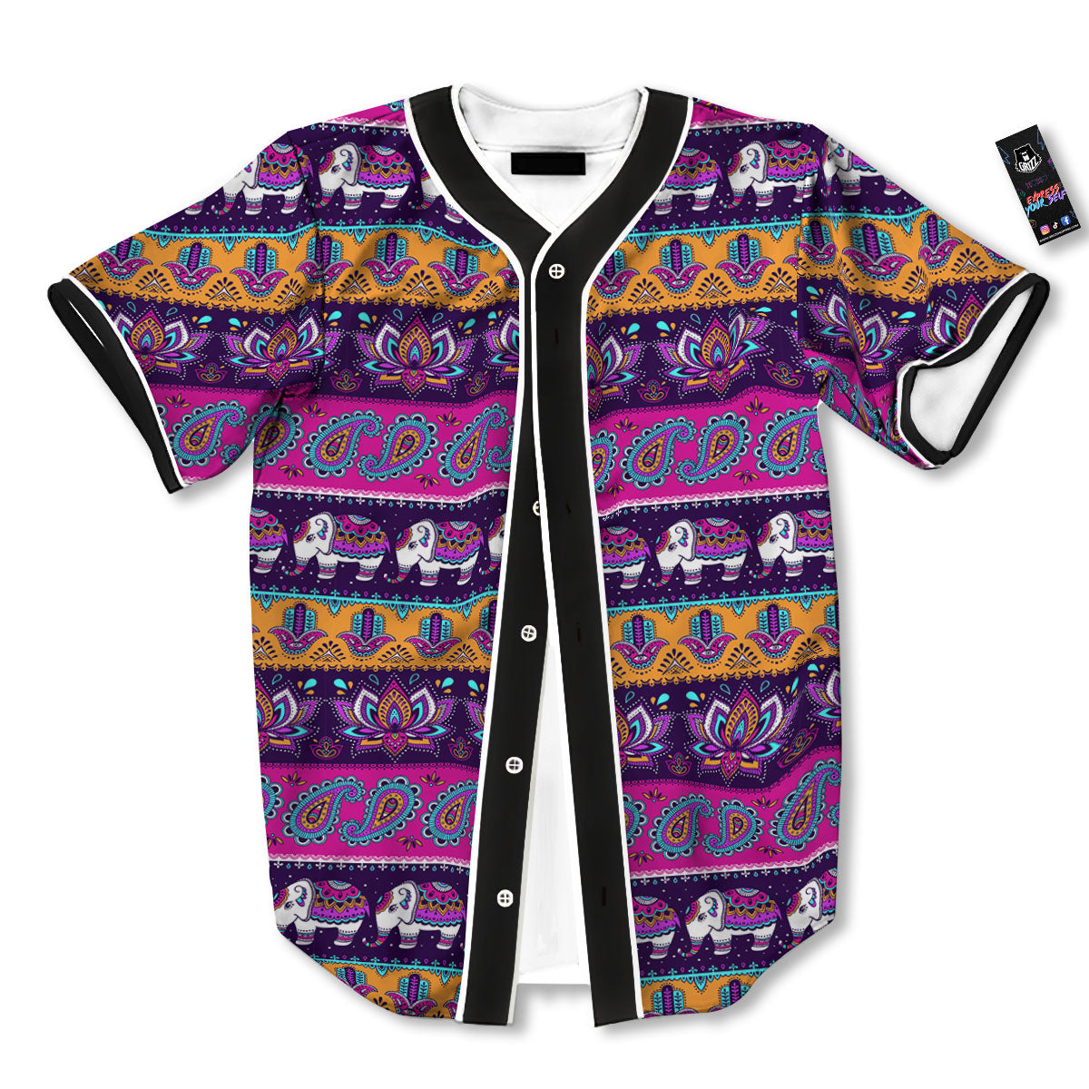 Paisley Elephant Hamsa Print Pattern Baseball Jersey-grizzshop