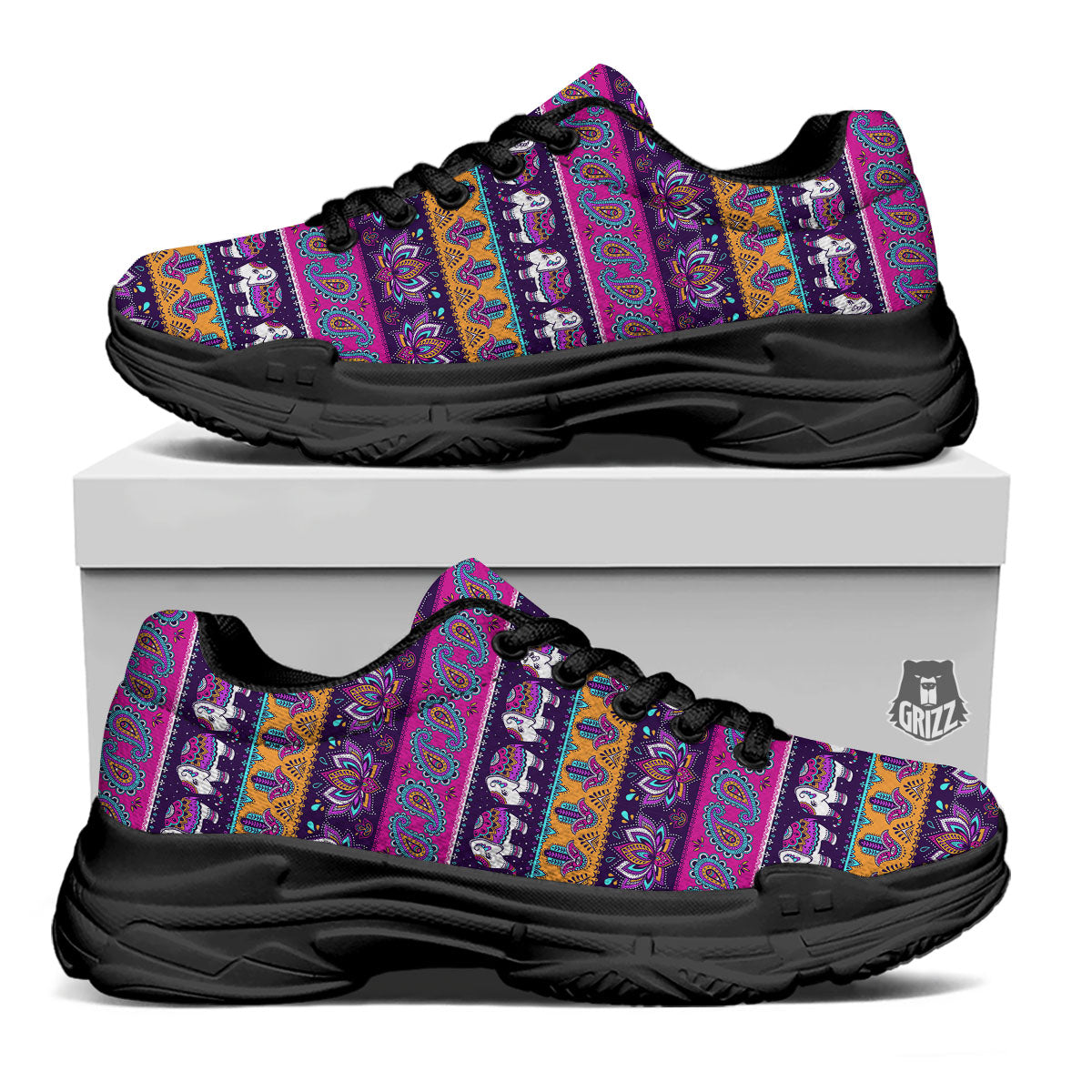 Paisley Elephant Hamsa Print Pattern Black Chunky Shoes-grizzshop