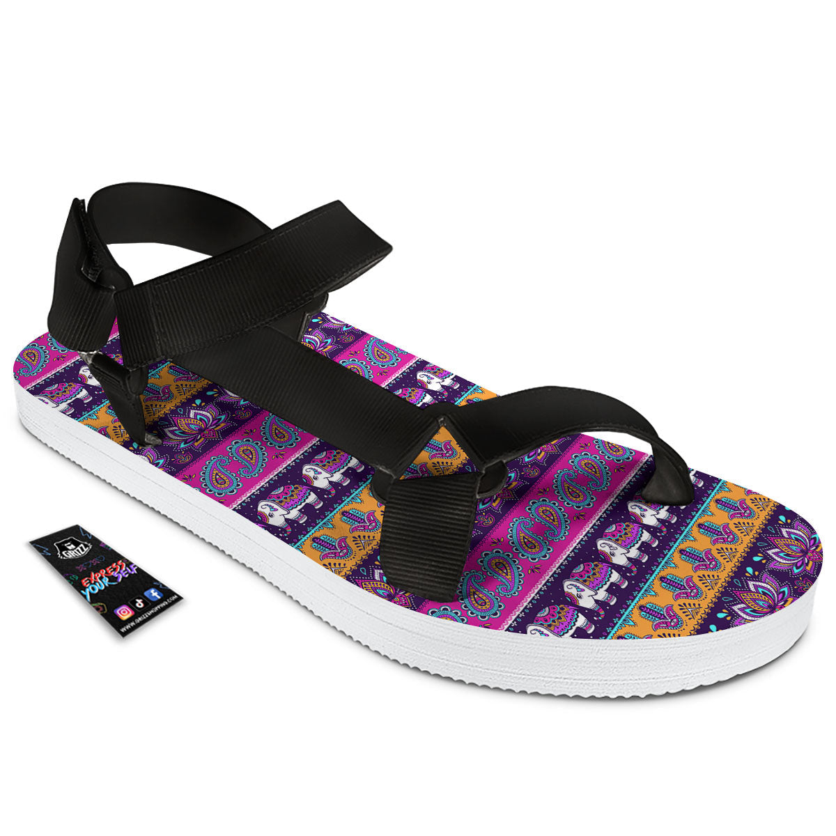 Paisley Elephant Hamsa Print Pattern Black Open Toe Sandals-grizzshop