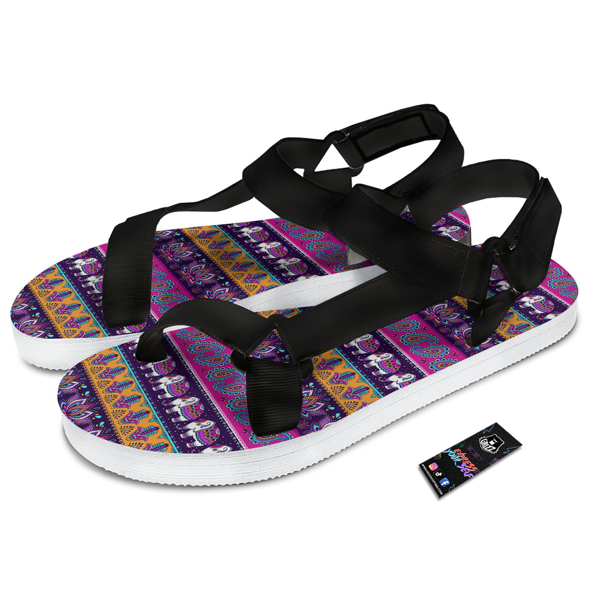 Paisley Elephant Hamsa Print Pattern Black Open Toe Sandals-grizzshop