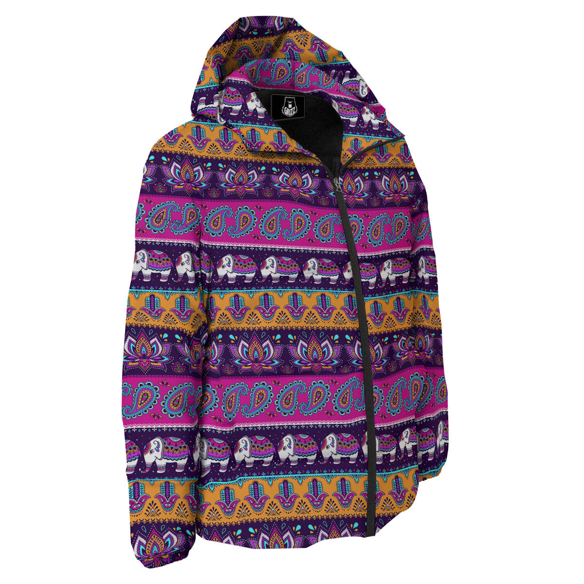 Paisley Elephant Hamsa Print Pattern Down Jacket-grizzshop