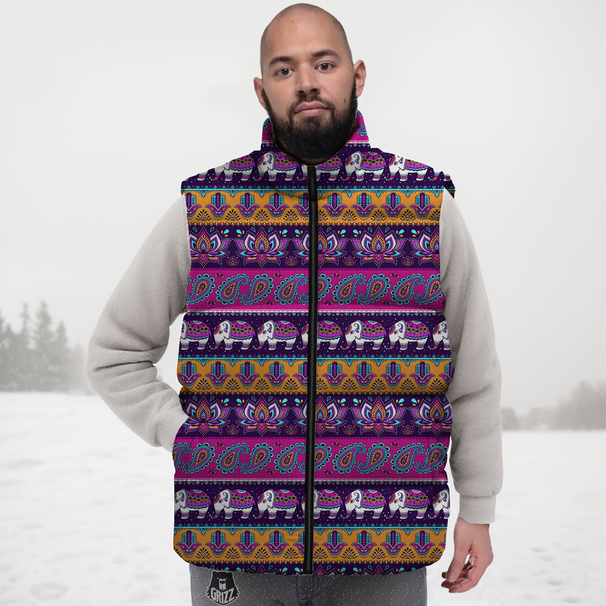 Paisley Elephant Hamsa Print Pattern Down Vest
