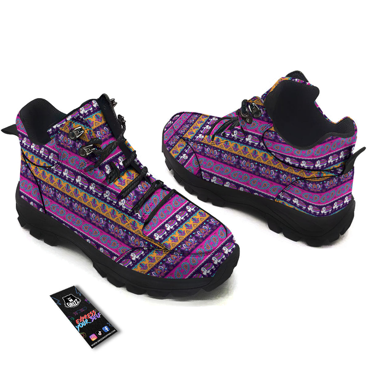 Paisley Elephant Hamsa Print Pattern Hiking Shoes-grizzshop