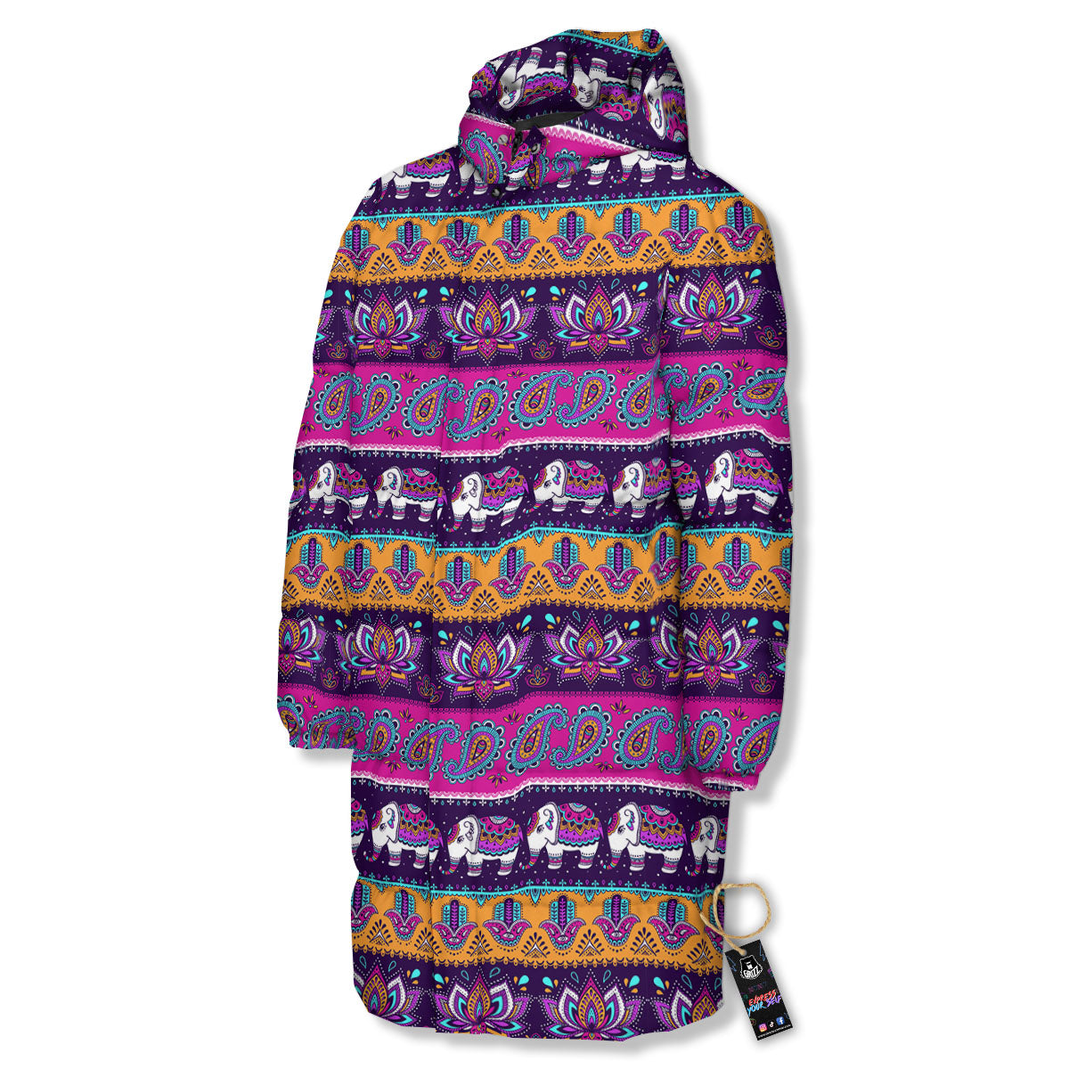 Paisley Elephant Hamsa Print Pattern Long Down Jacket-grizzshop