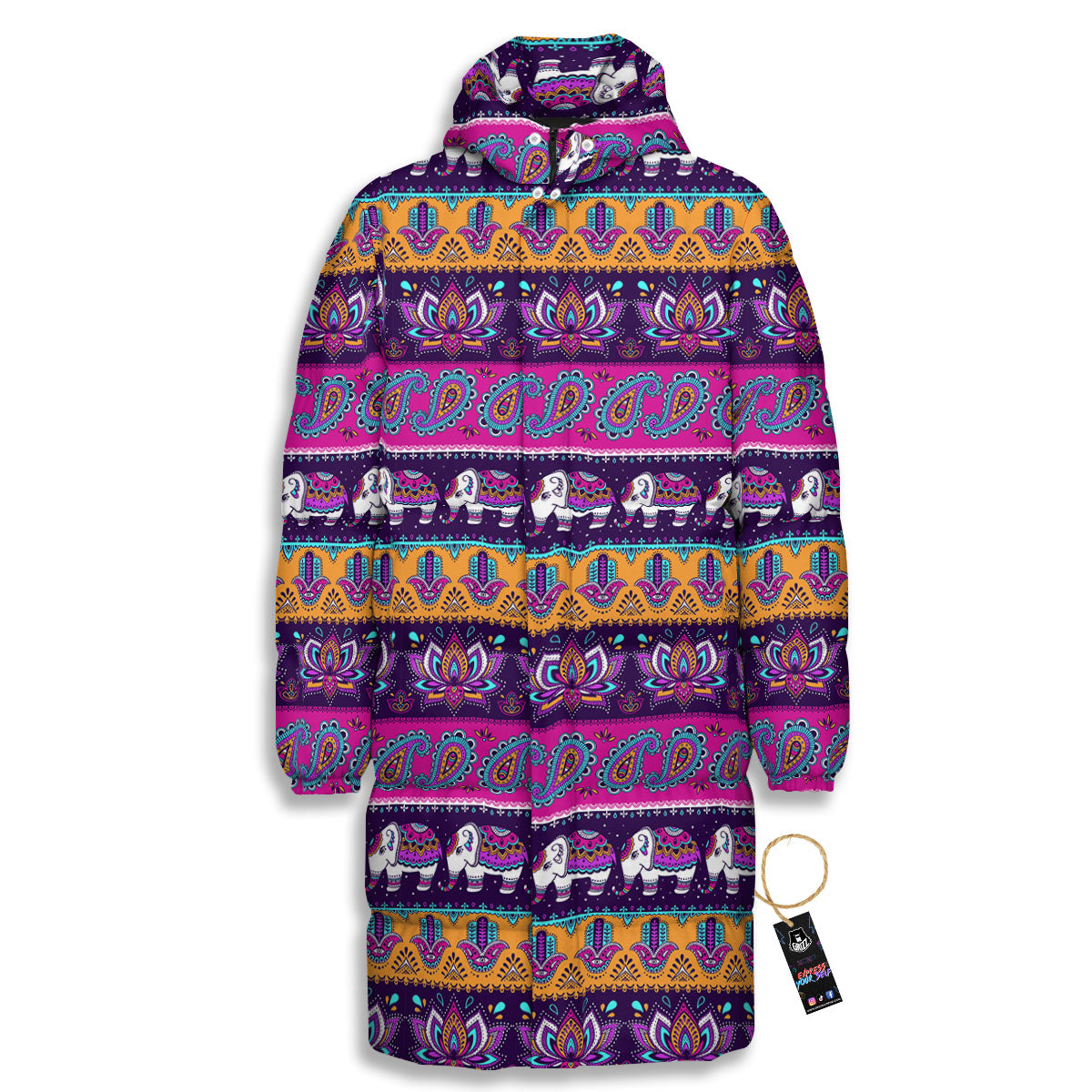 Paisley Elephant Hamsa Print Pattern Long Down Jacket-grizzshop