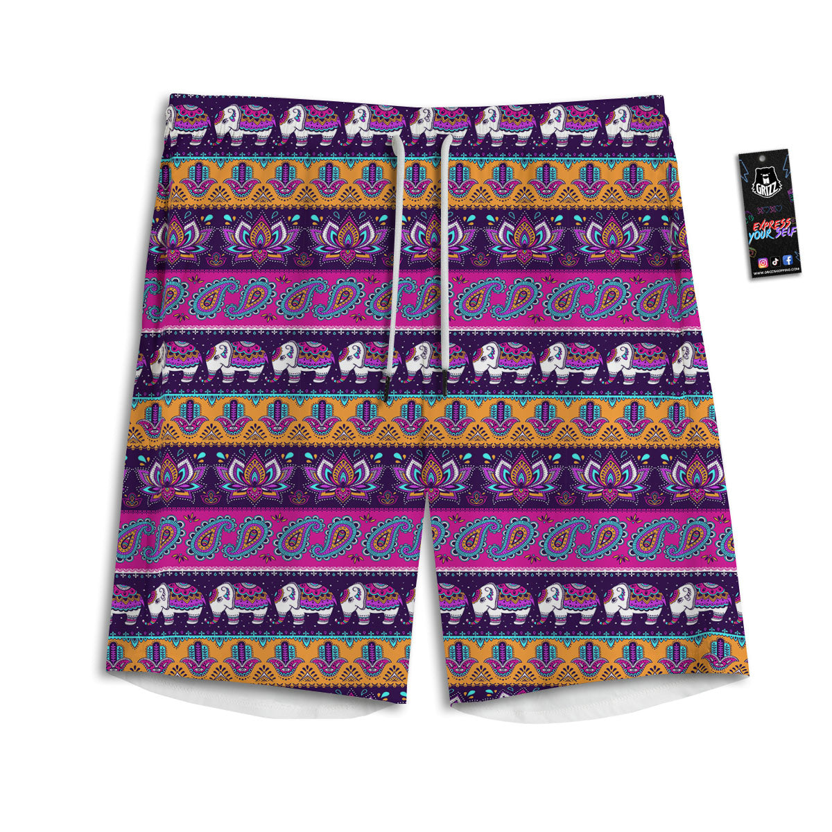 Paisley Elephant Hamsa Print Pattern Men's Athletic Shorts