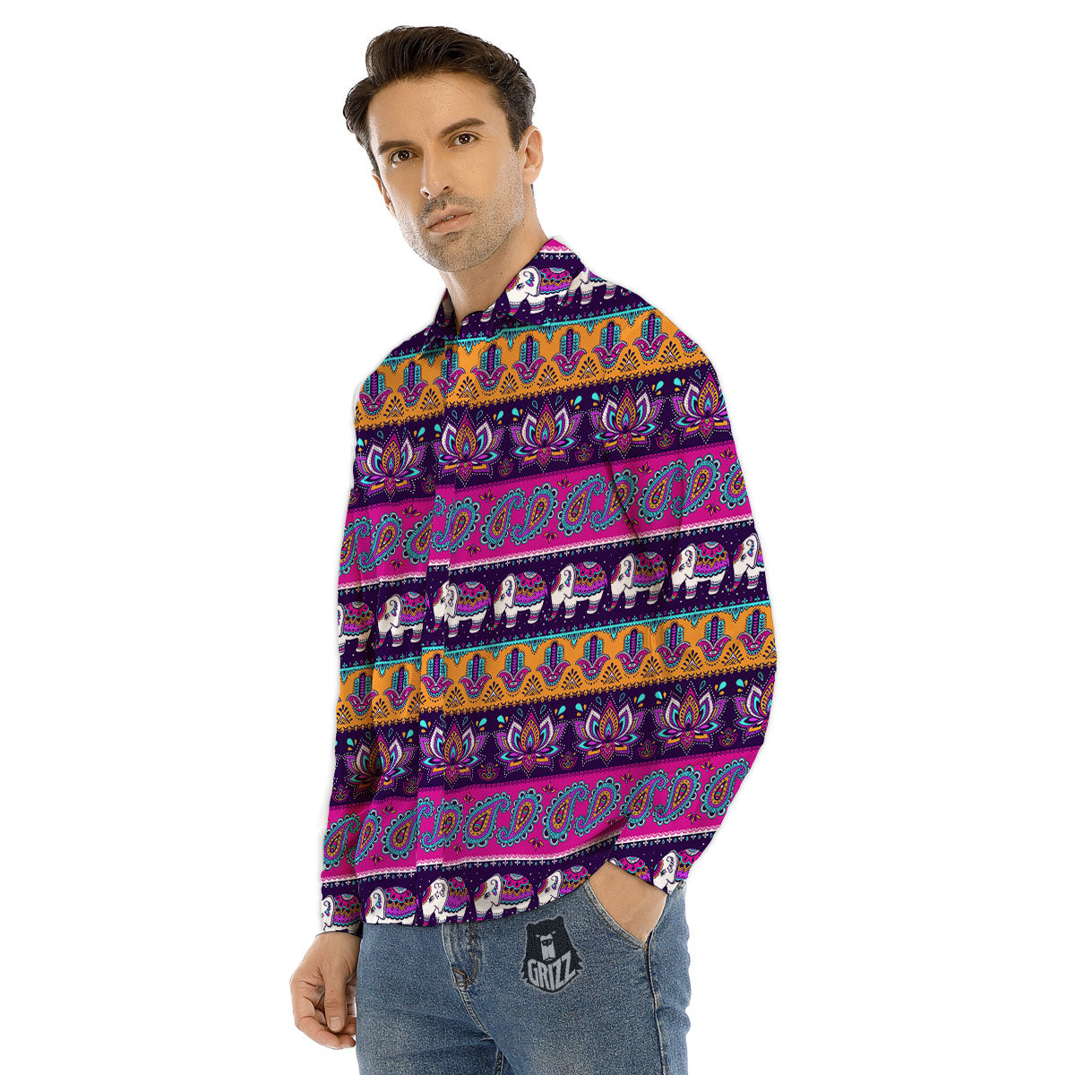 Paisley Elephant Hamsa Print Pattern Men's Dress Shirts-grizzshop