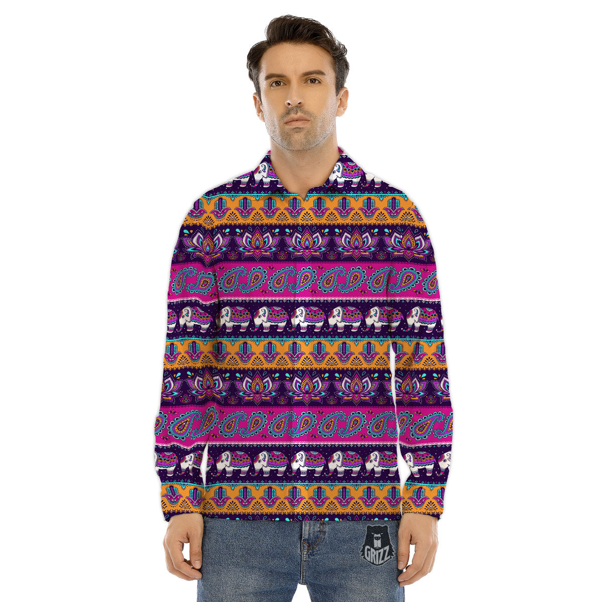 Paisley Elephant Hamsa Print Pattern Men's Dress Shirts-grizzshop