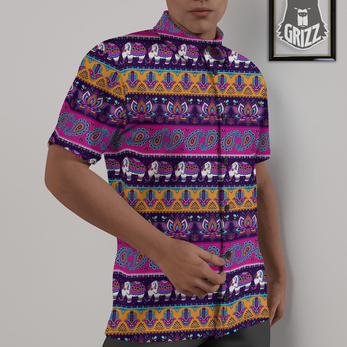 Paisley Elephant Hamsa Print Pattern Untucked Shirts-grizzshop