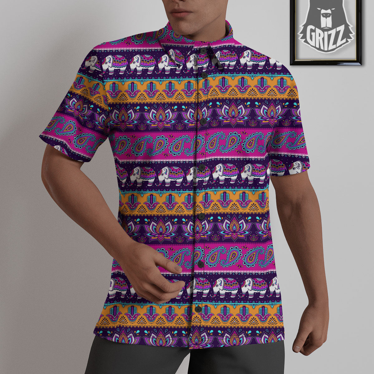 Paisley Elephant Hamsa Print Pattern Untucked Shirts-grizzshop