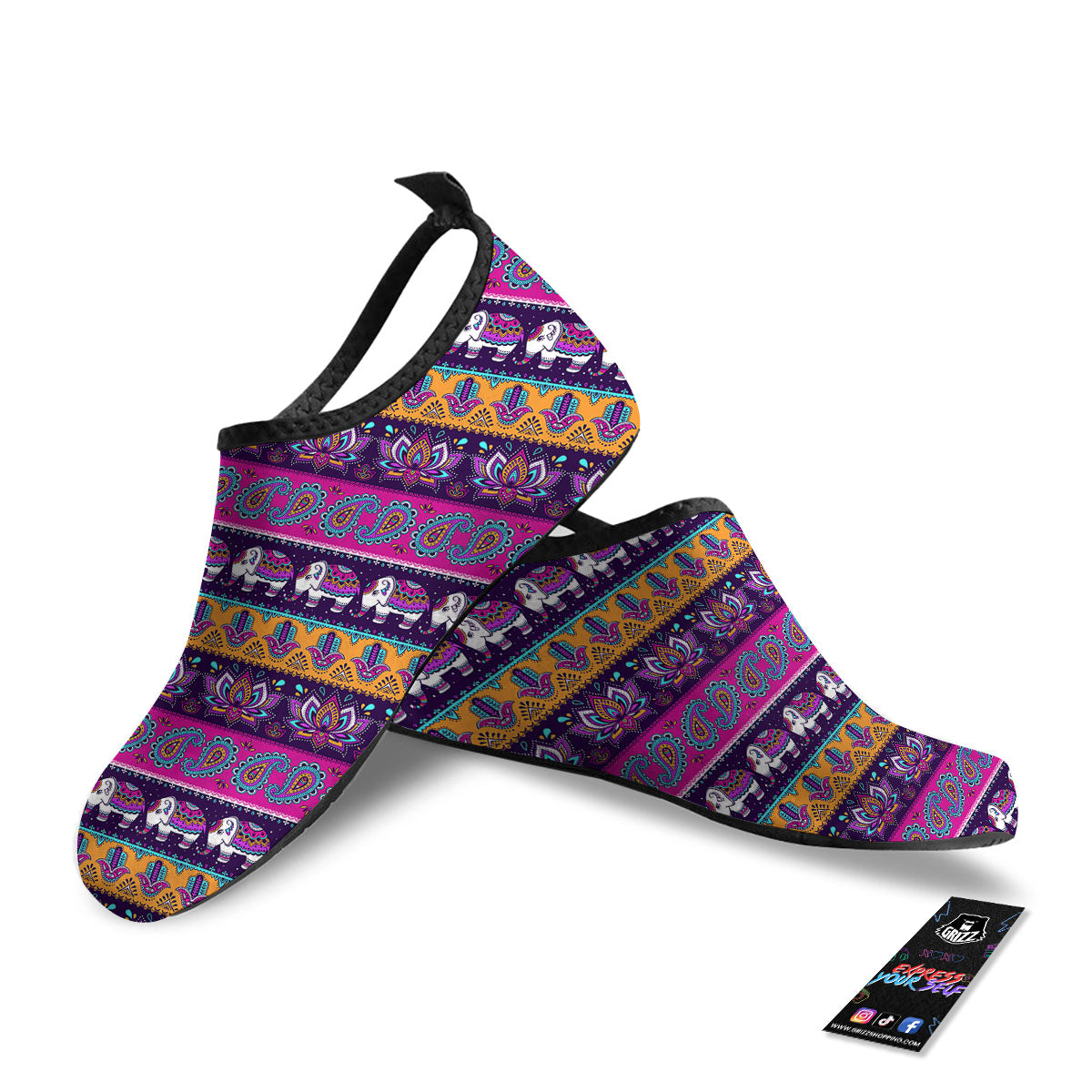 Paisley Elephant Hamsa Print Pattern Water Shoes-grizzshop