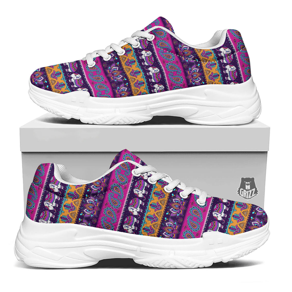 Paisley Elephant Hamsa Print Pattern White Chunky Shoes-grizzshop