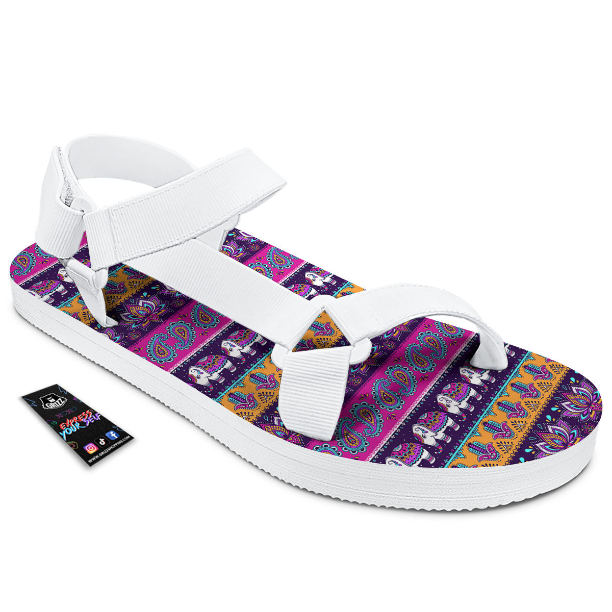 Paisley Elephant Hamsa Print Pattern White Open Toe Sandals-grizzshop