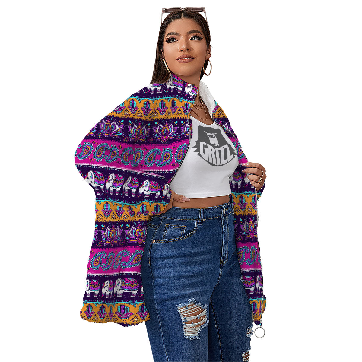Paisley Elephant Hamsa Print Pattern Women's Sherpa Jacket-grizzshop