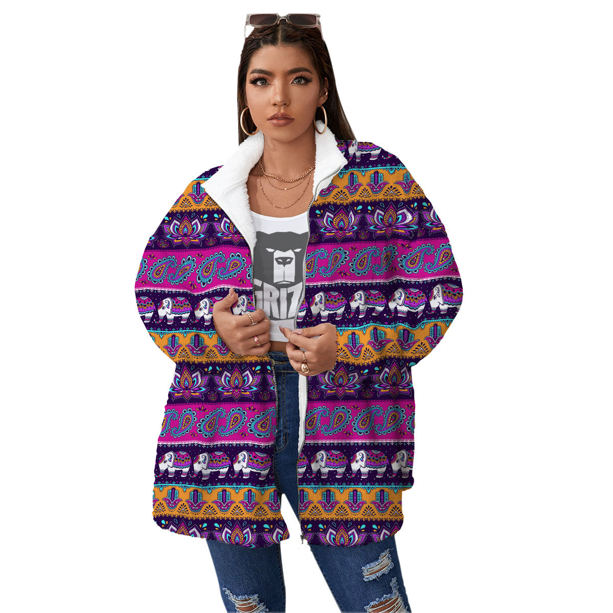 Paisley Elephant Hamsa Print Pattern Women's Sherpa Jacket-grizzshop