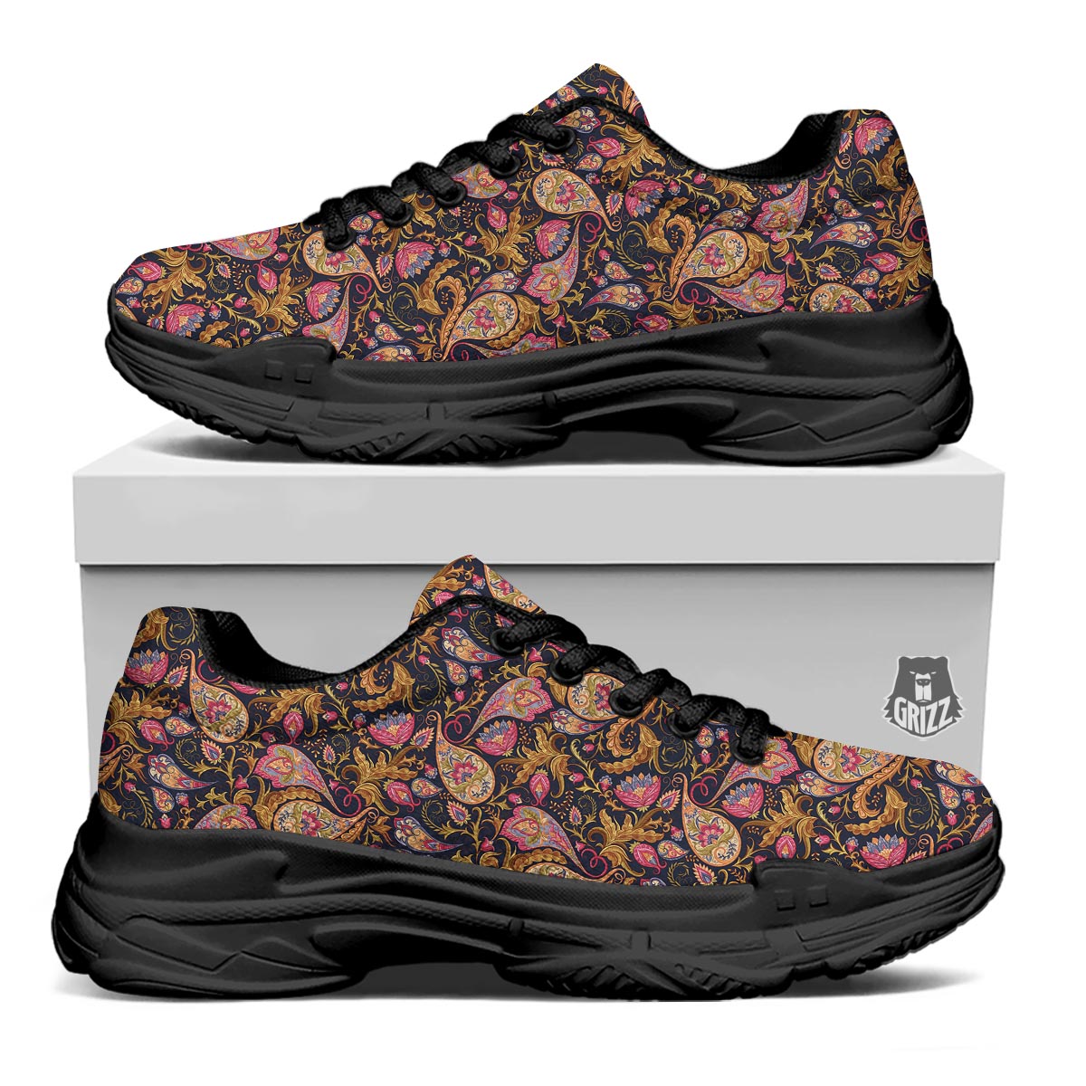 Paisley Indian Retro Print Pattern Black Chunky Shoes-grizzshop