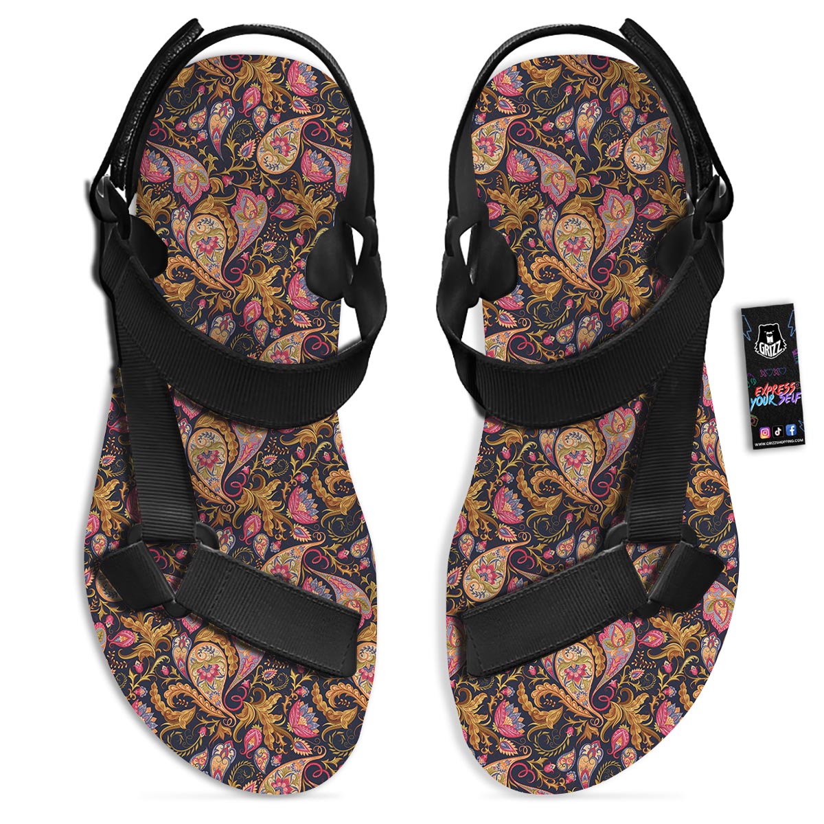 Paisley Indian Retro Print Pattern Black Open Toe Sandals-grizzshop