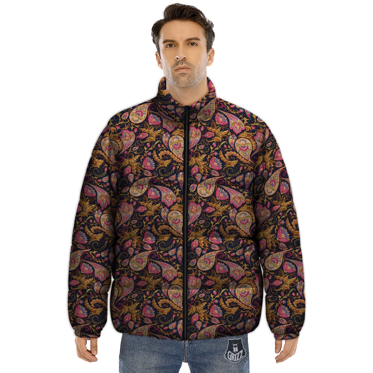 Paisley Indian Retro Print Pattern Puffer Jacket-grizzshop