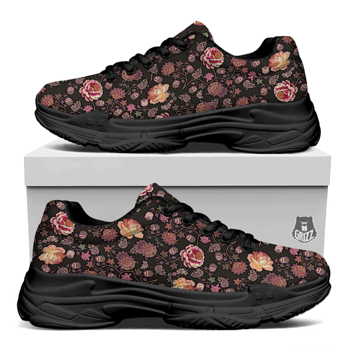Paisley Indian Rose Print Pattern Black Chunky Shoes-grizzshop