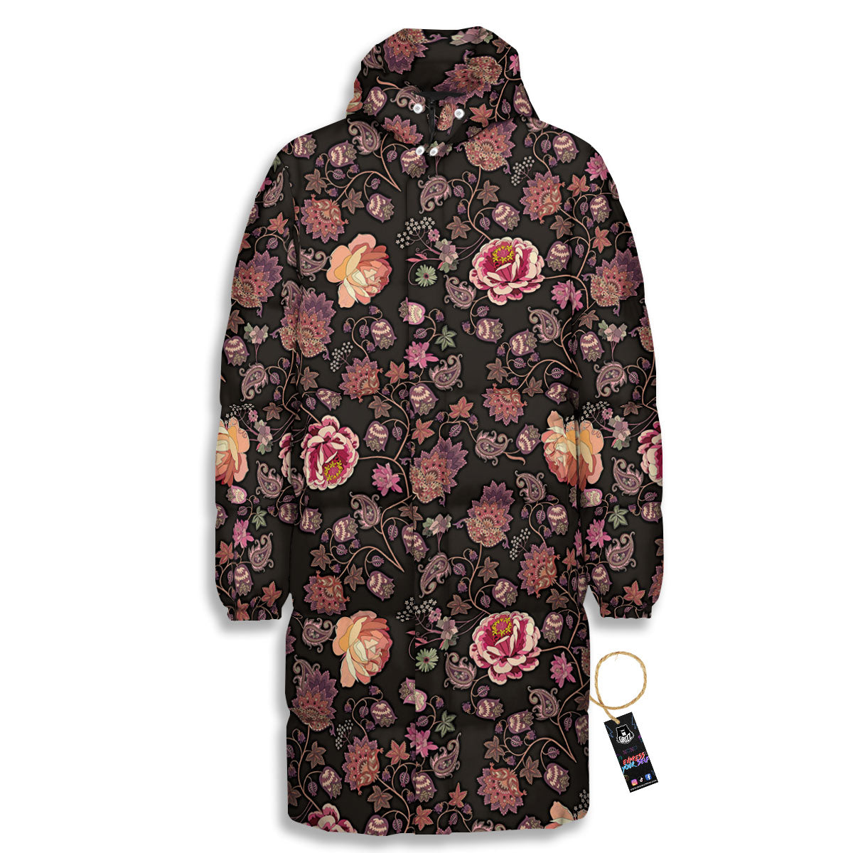 Paisley Indian Rose Print Pattern Long Down Jacket-grizzshop