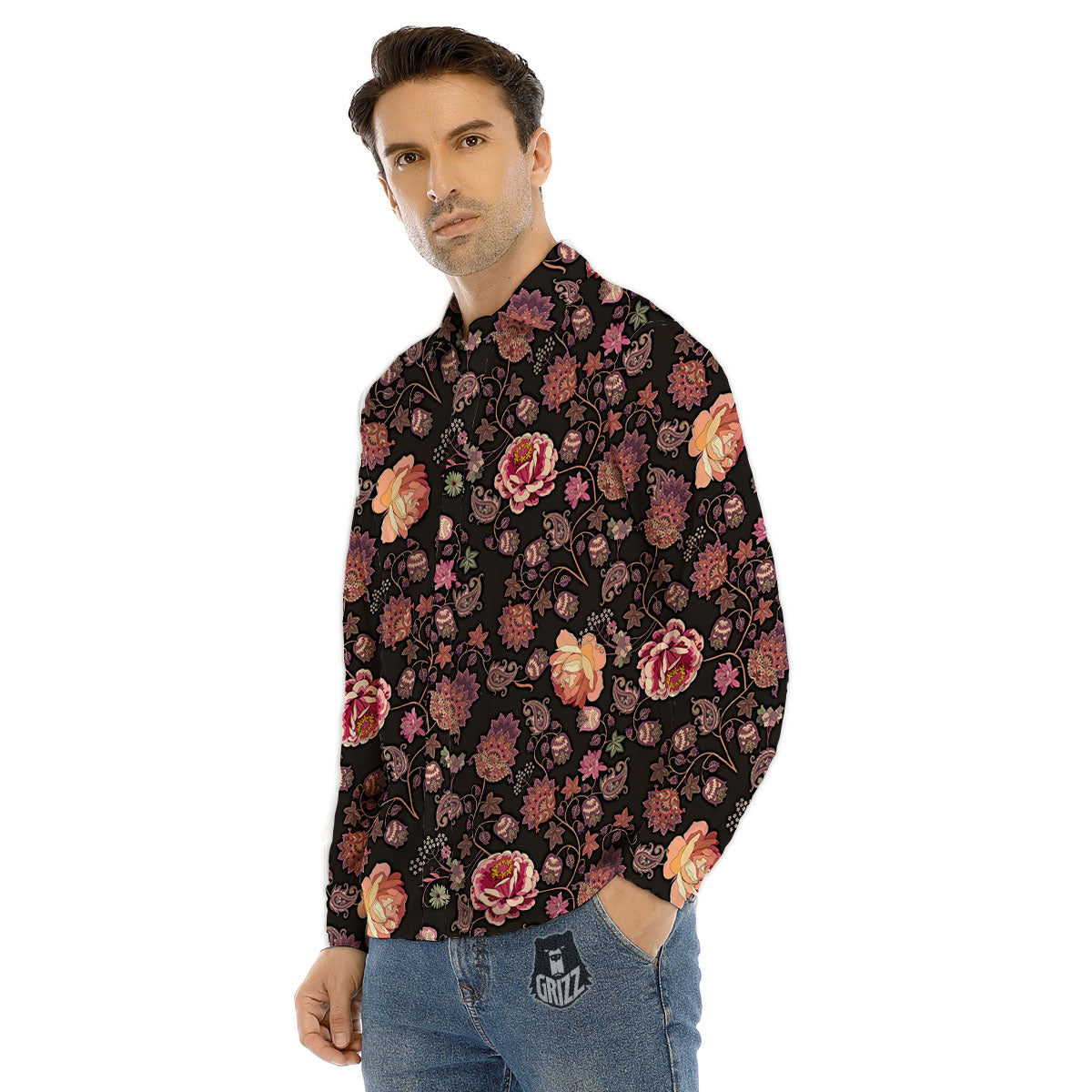 Paisley Indian Rose Print Pattern Men's Dress Shirts-grizzshop