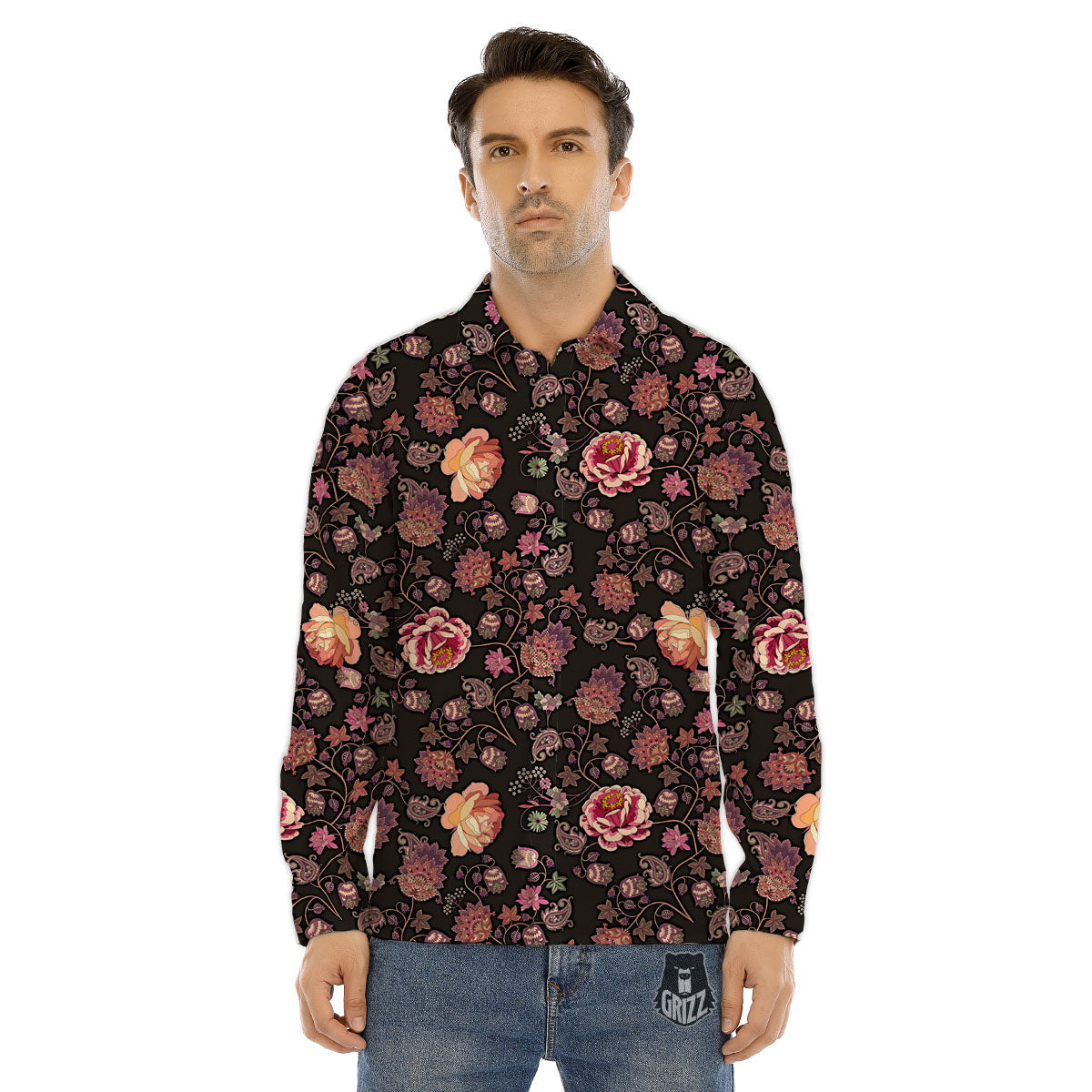 Paisley Indian Rose Print Pattern Men's Dress Shirts-grizzshop
