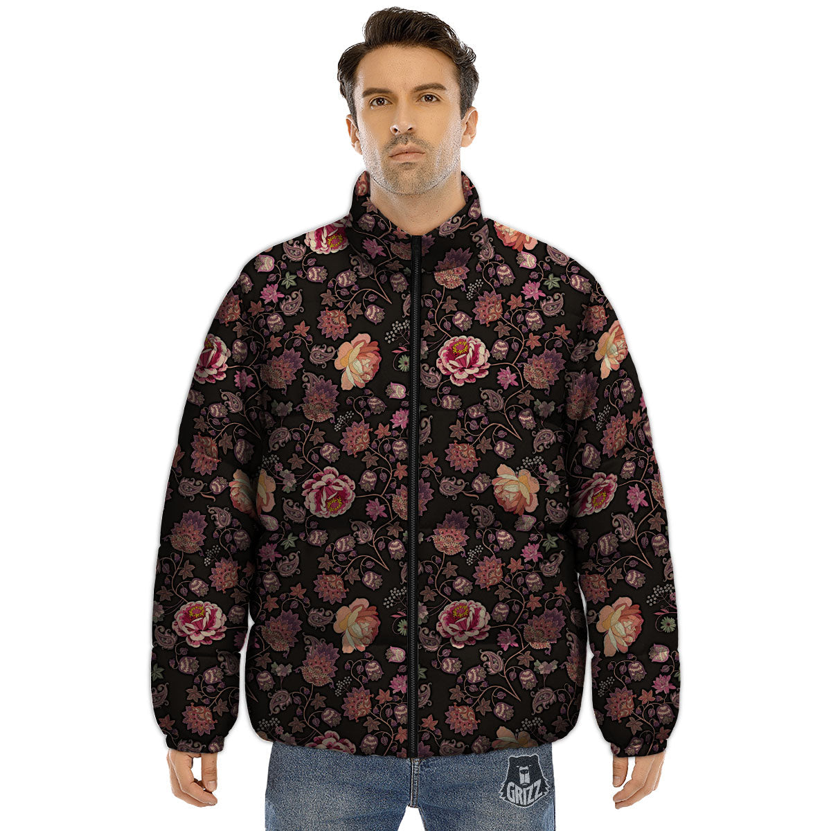 Paisley Indian Rose Print Pattern Puffer Jacket-grizzshop