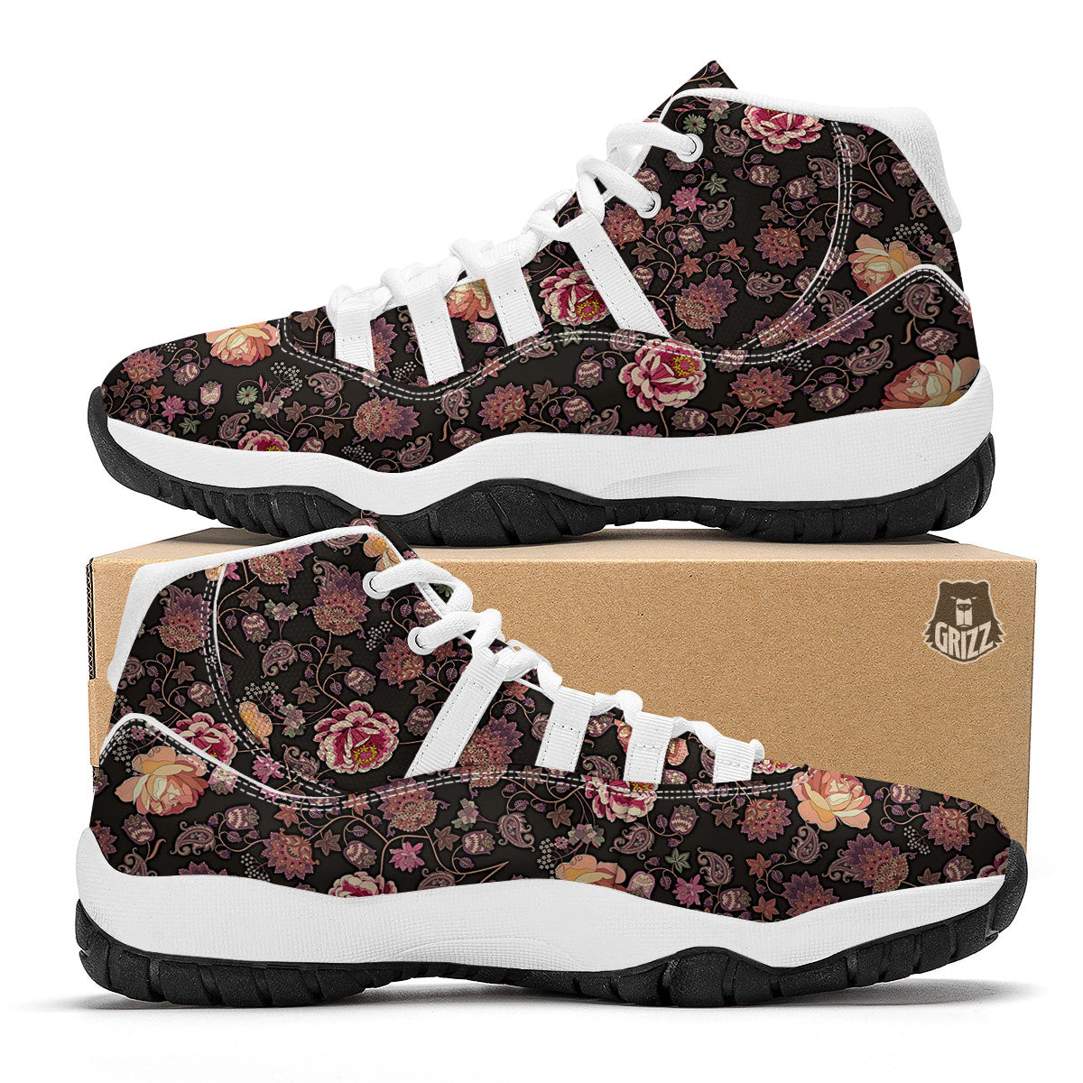 Paisley Indian Rose Print Pattern White Bball Shoes-grizzshop