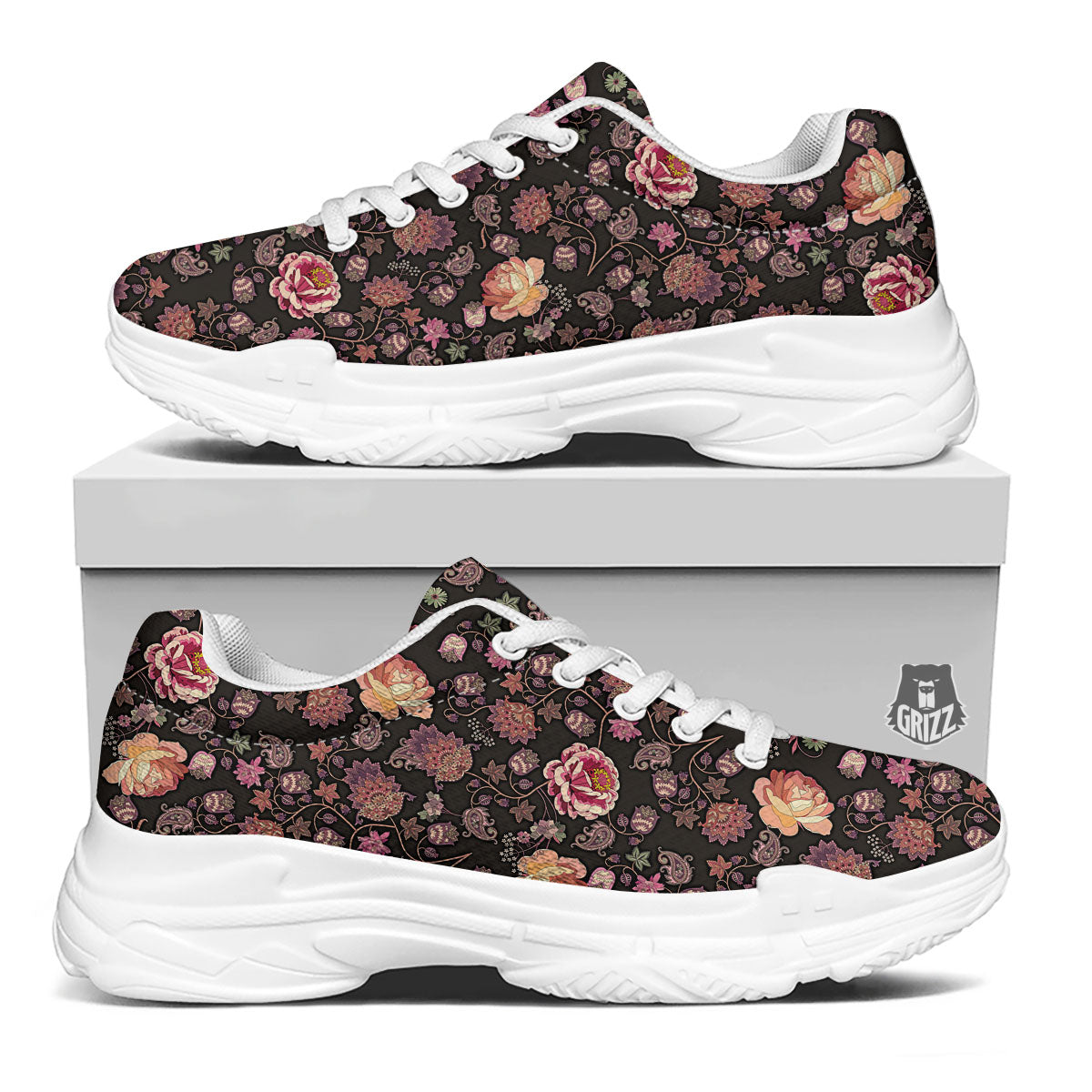 Paisley Indian Rose Print Pattern White Chunky Shoes-grizzshop
