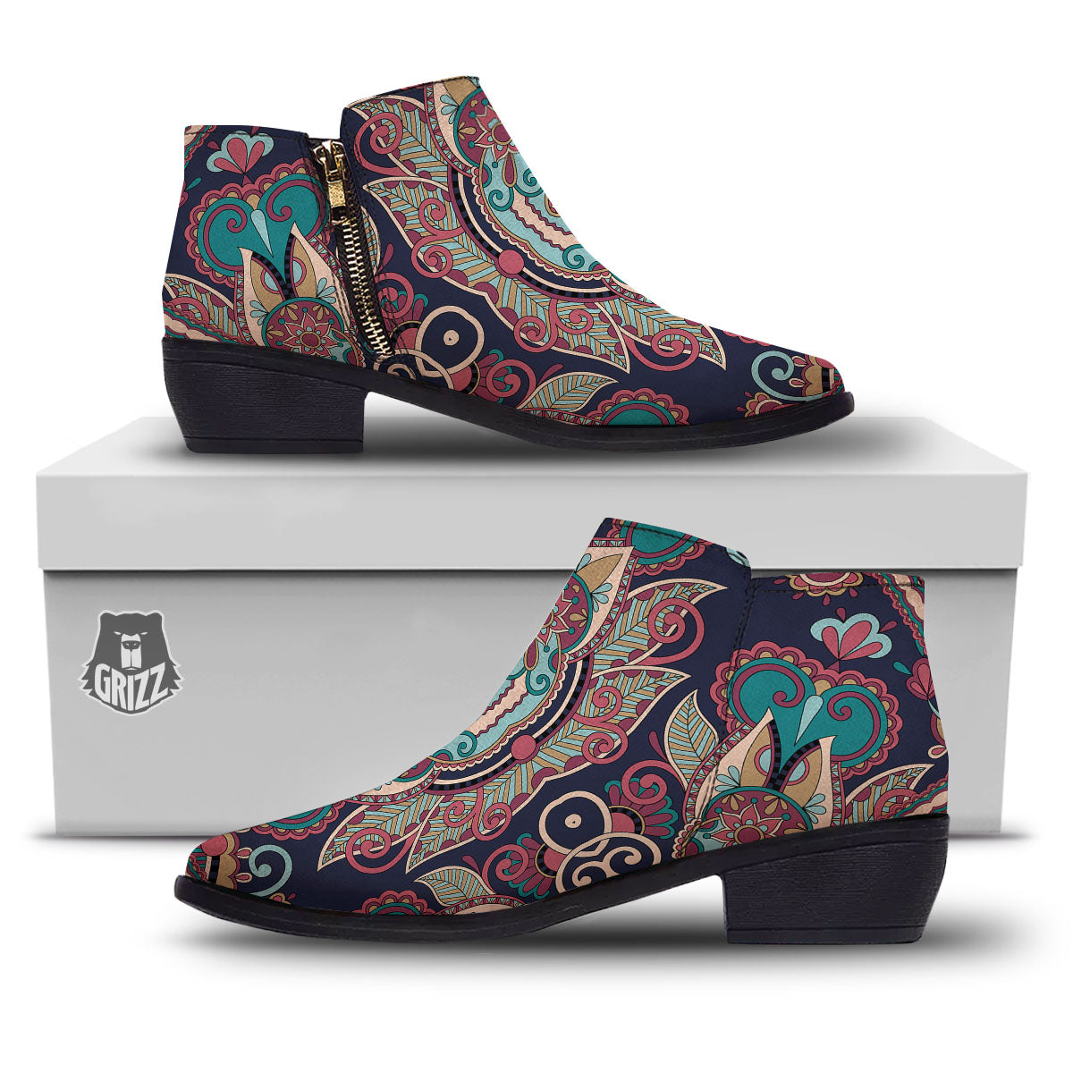 Paisley Mandala Ornamental Print Ankle Boots-grizzshop