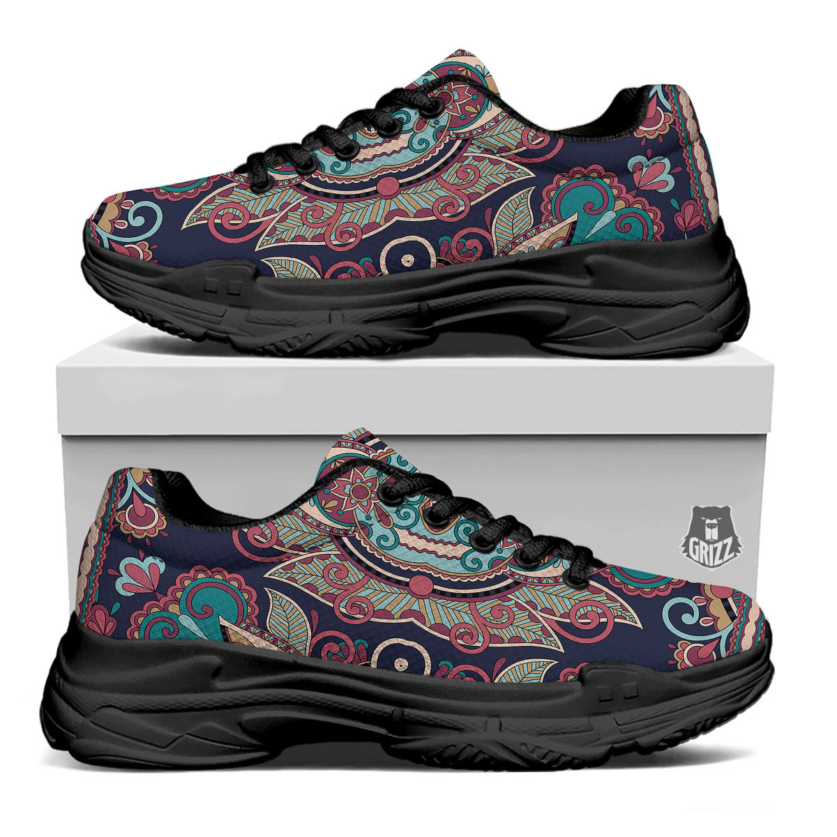 Paisley Mandala Ornamental Print Black Chunky Shoes-grizzshop