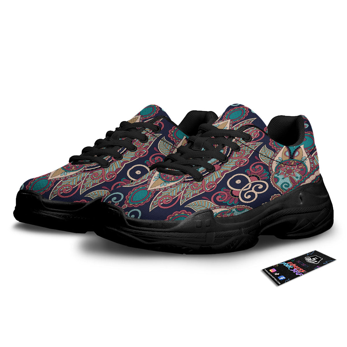 Paisley Mandala Ornamental Print Black Chunky Shoes-grizzshop