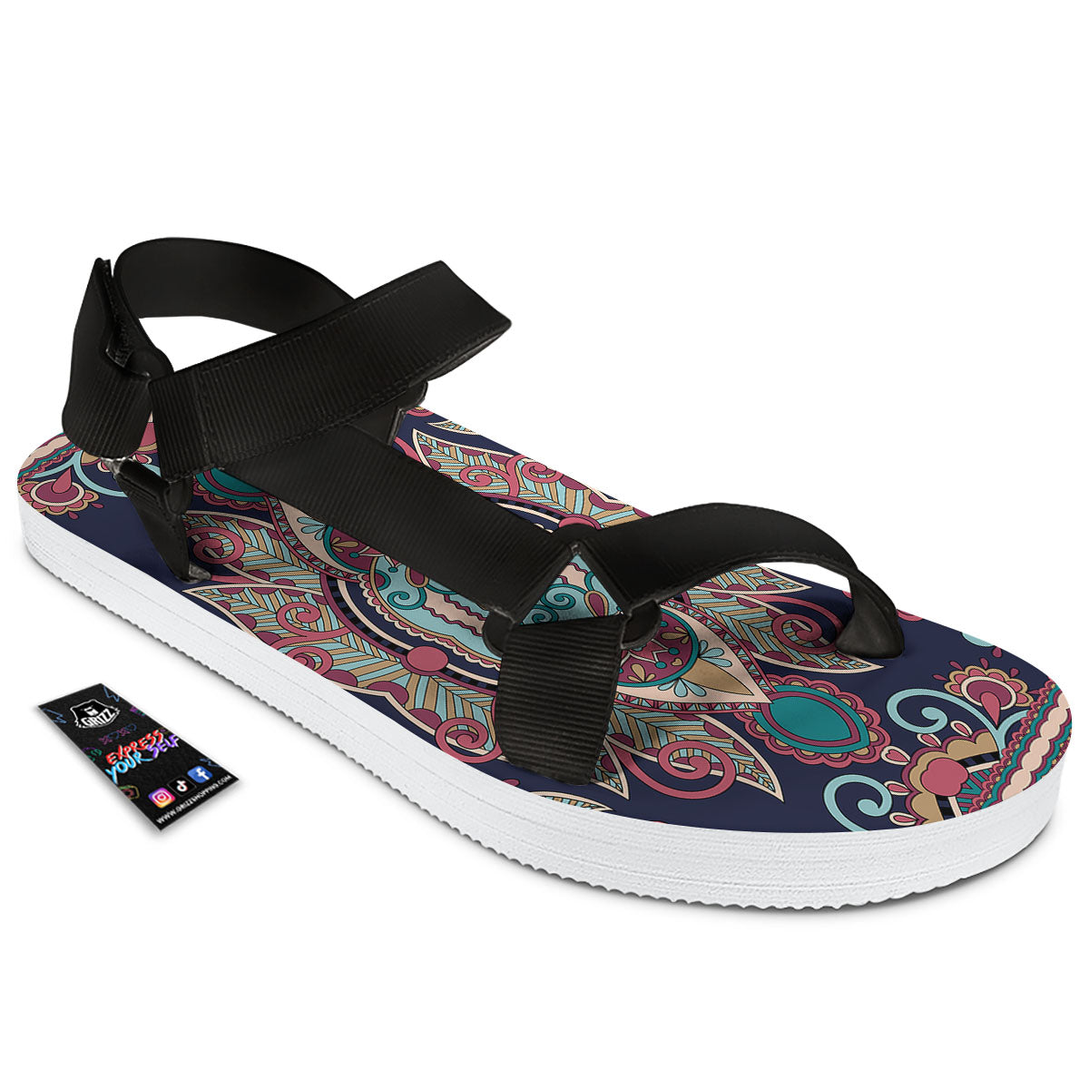 Paisley Mandala Ornamental Print Black Open Toe Sandals-grizzshop