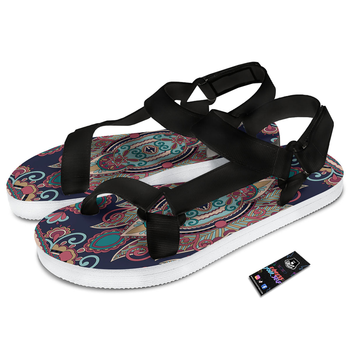 Paisley Mandala Ornamental Print Black Open Toe Sandals-grizzshop