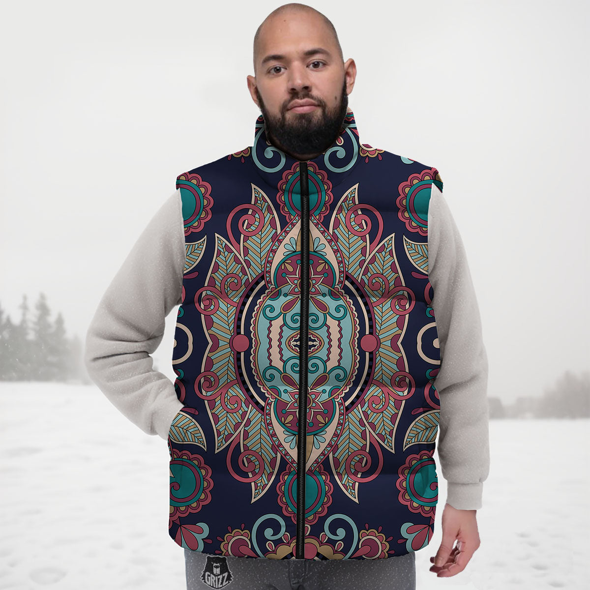 Paisley Mandala Ornamental Print Down Vest
