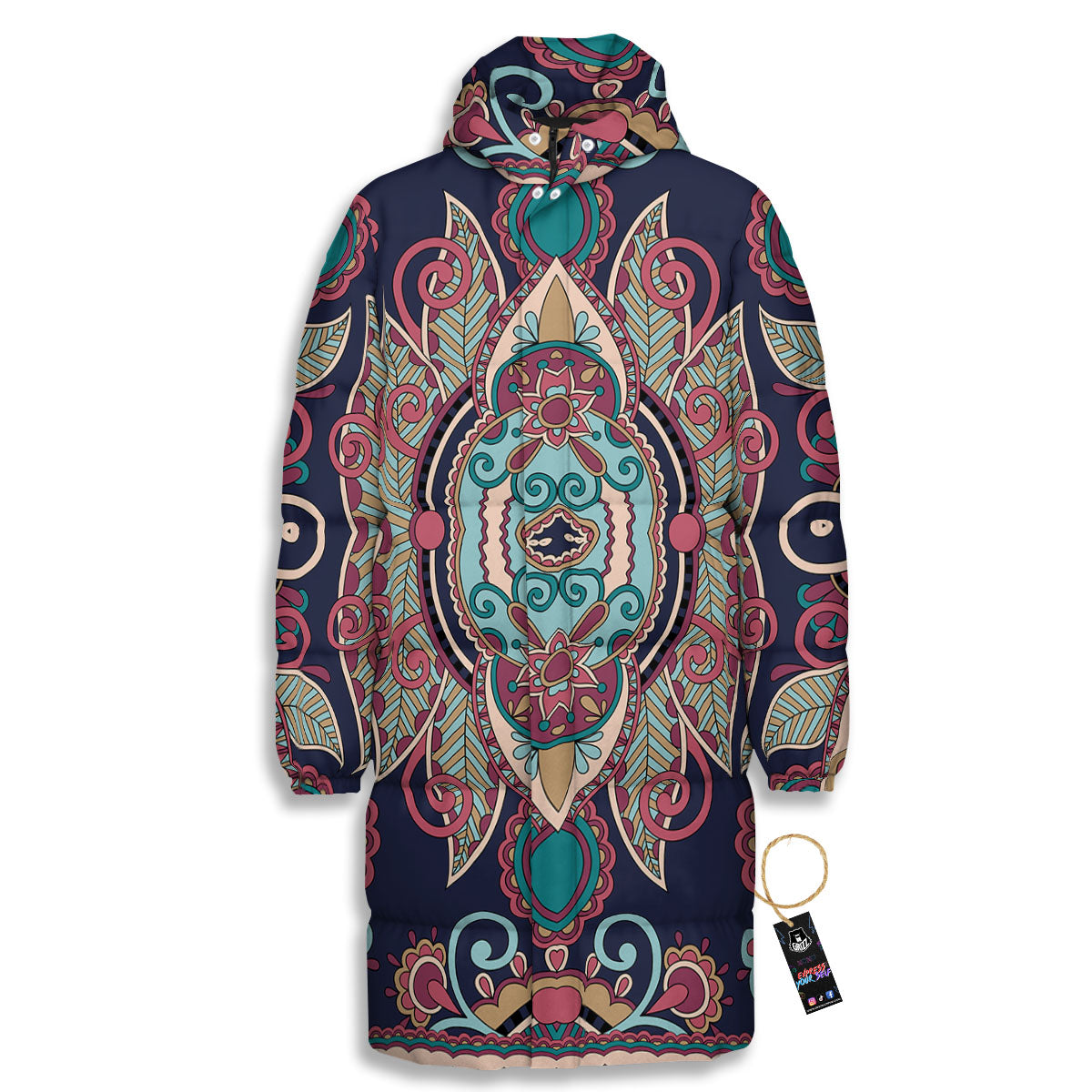 Paisley Mandala Ornamental Print Long Down Jacket-grizzshop