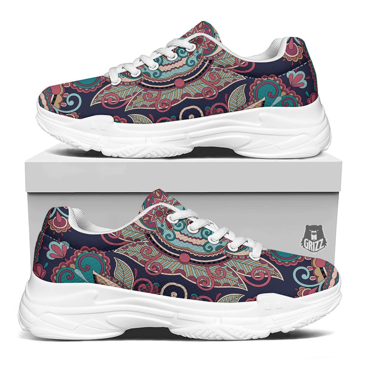Paisley Mandala Ornamental Print White Chunky Shoes-grizzshop