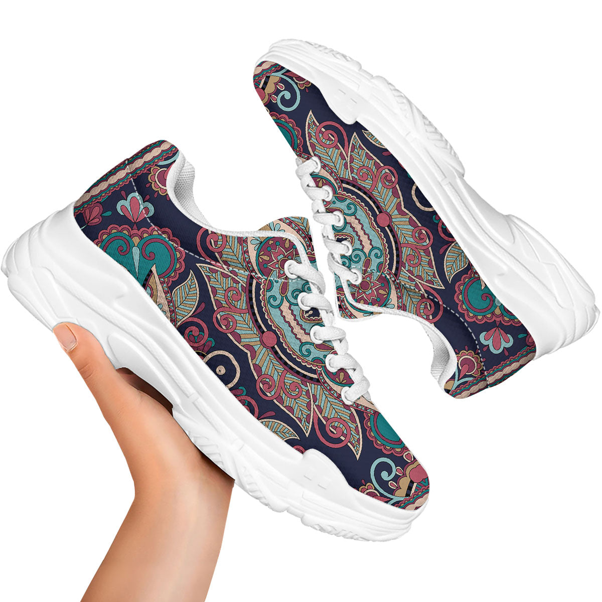 Paisley Mandala Ornamental Print White Chunky Shoes-grizzshop