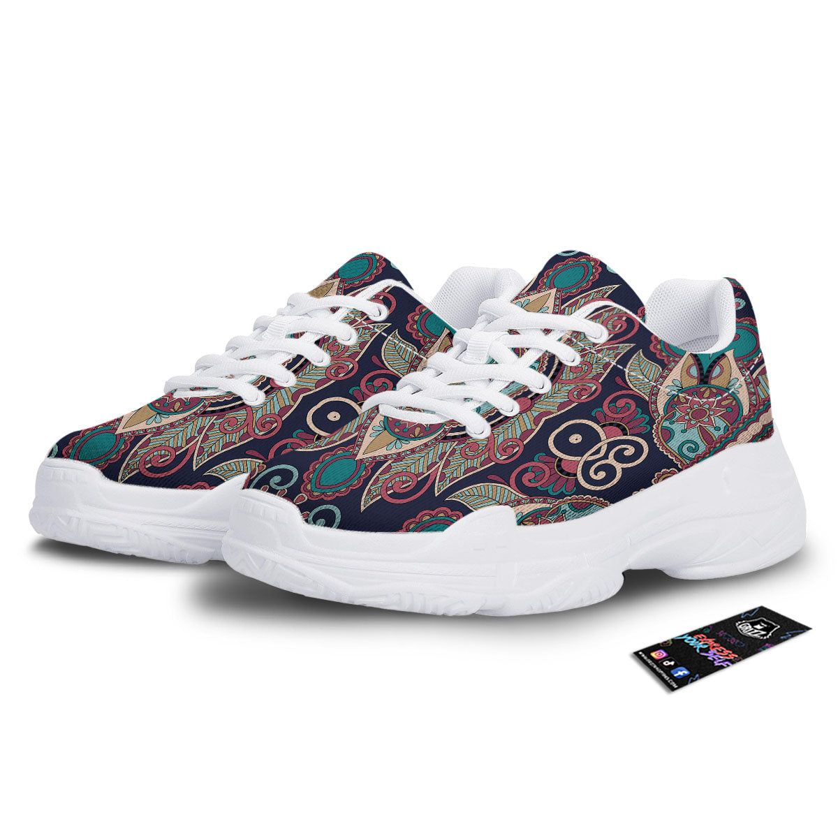 Paisley Mandala Ornamental Print White Chunky Shoes-grizzshop
