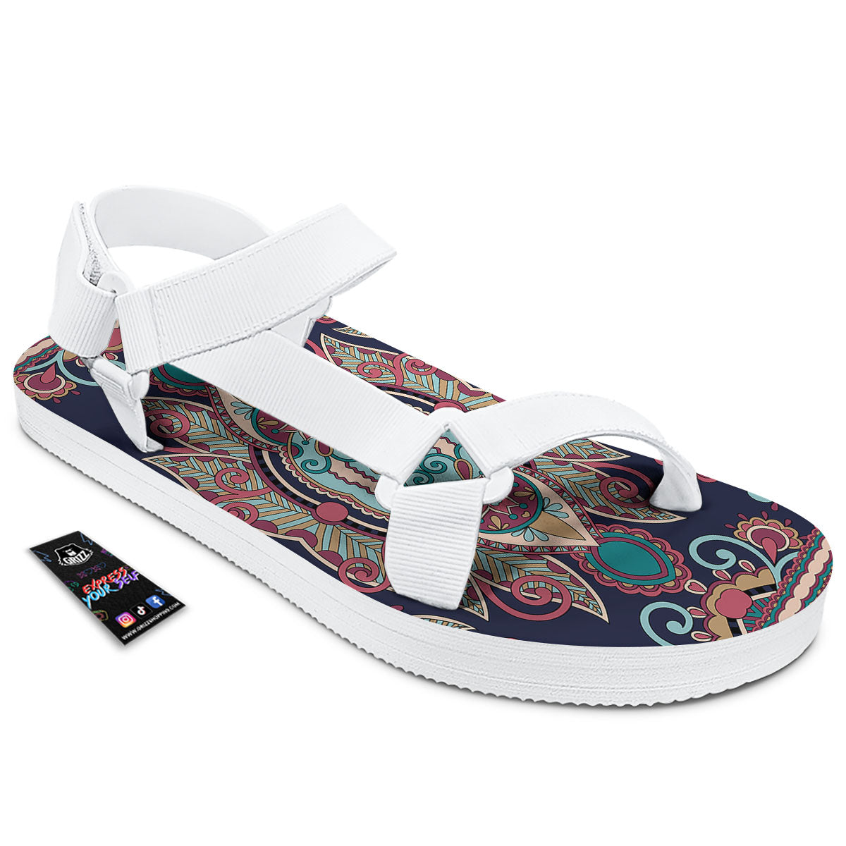 Paisley Mandala Ornamental Print White Open Toe Sandals-grizzshop