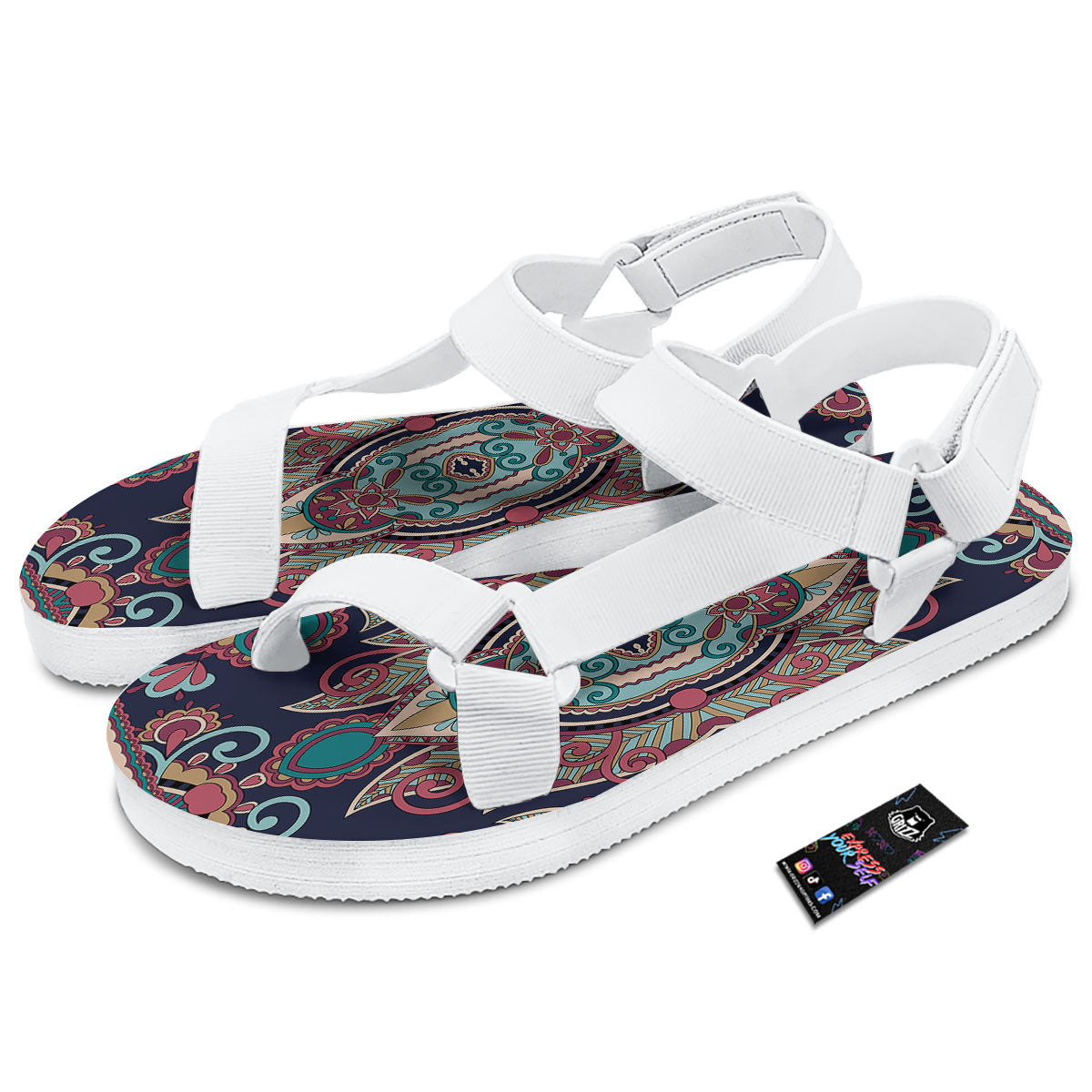 Paisley Mandala Ornamental Print White Open Toe Sandals-grizzshop