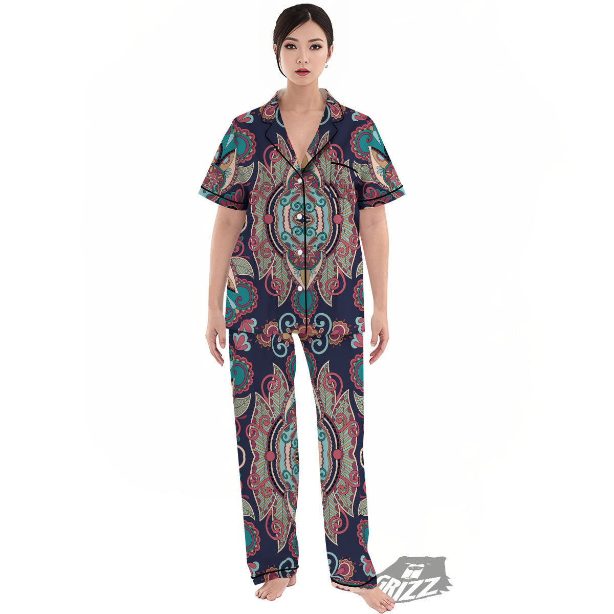 Paisley Mandala Ornamental Print Women's Pajamas Set-grizzshop