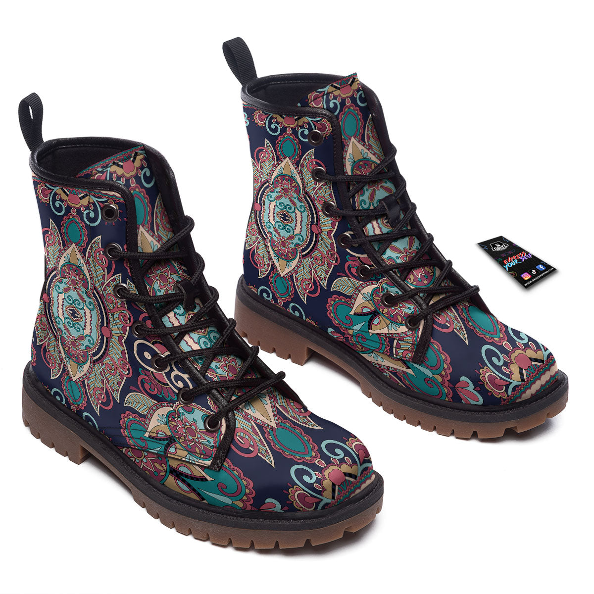 Paisley Mandala Ornamental Print Work Boots-grizzshop
