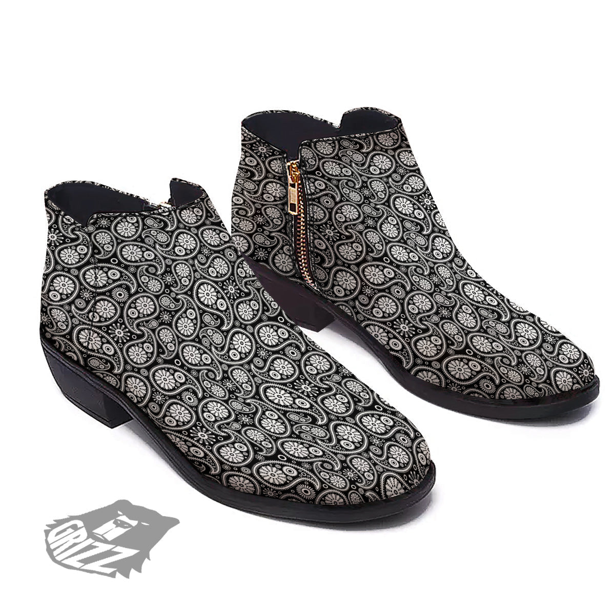 Paisley Ornament Black White And Flora Print Pattern Ankle Boots-grizzshop