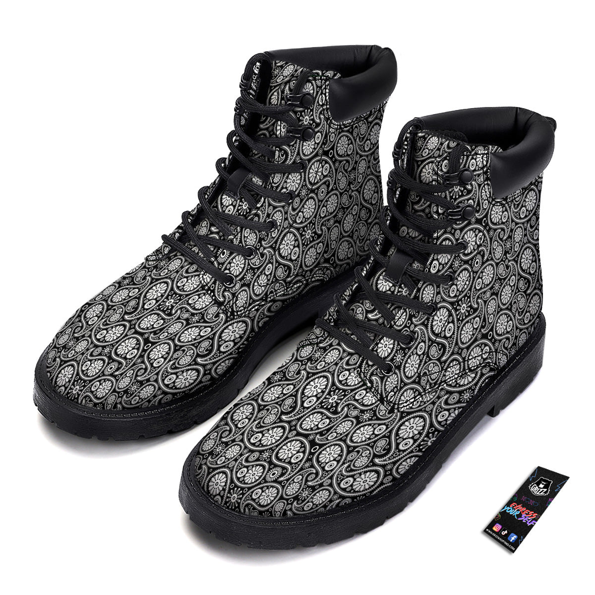 Paisley Ornament Black White And Flora Print Pattern Boots-grizzshop