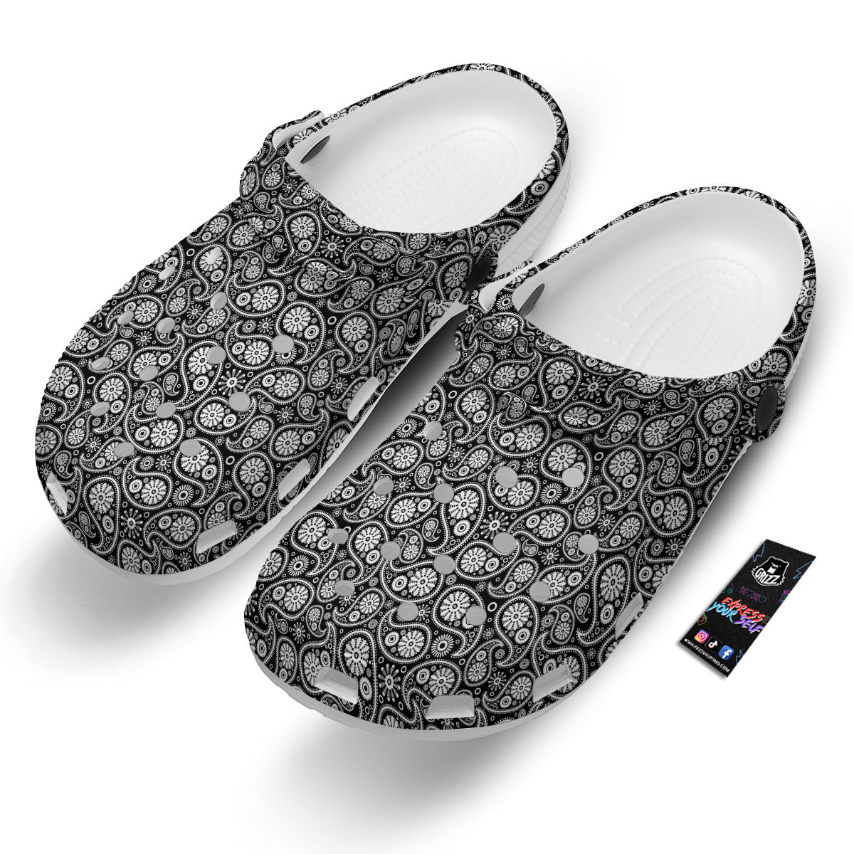 Paisley Ornament Black White And Flora Print Pattern Clog-grizzshop